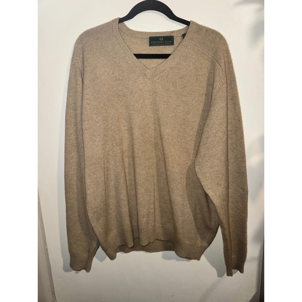 Embassy Row Mens Tan Beige 100% Two Ply Cashmere V-Neck Raglan Sweater Large